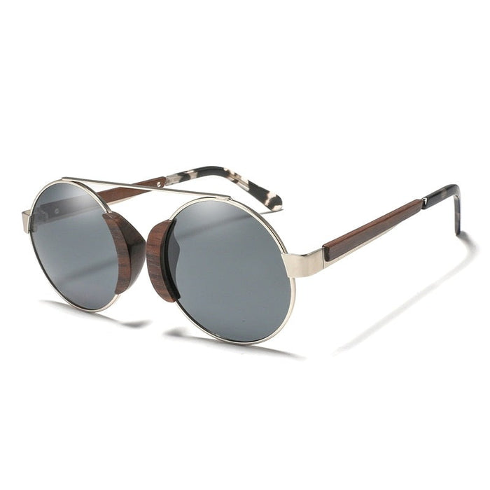 Men's Polarized Round 'Brown Shadow' Metal And Wooden Sunglasses