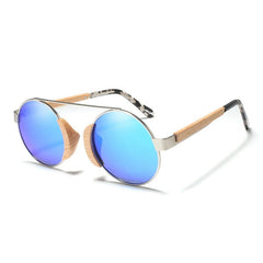 Men's Polarized Round 'Brown Shadow' Metal And Wooden Sunglasses