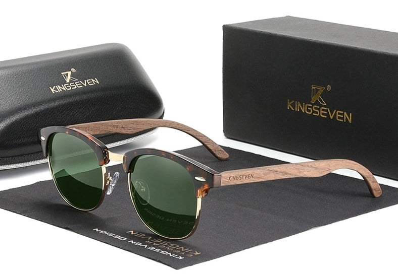 Men's Semi Rimless Round 'Emporio' Wooden Sunglasses