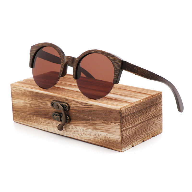 Women's Semi-Rimless Round 'Leona' Wooden Sunglasses