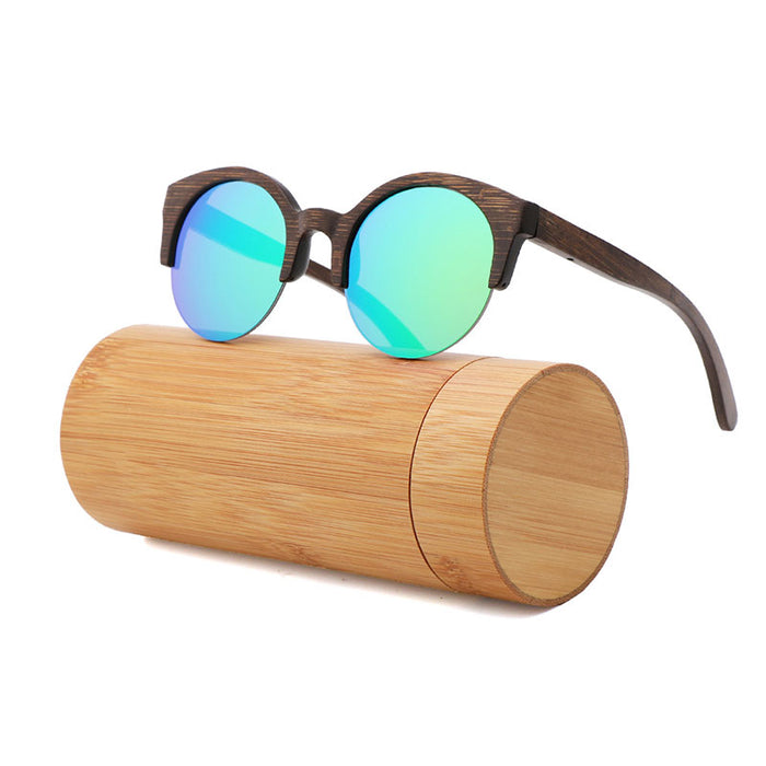 Women's Semi-Rimless Round 'Leona' Wooden Sunglasses
