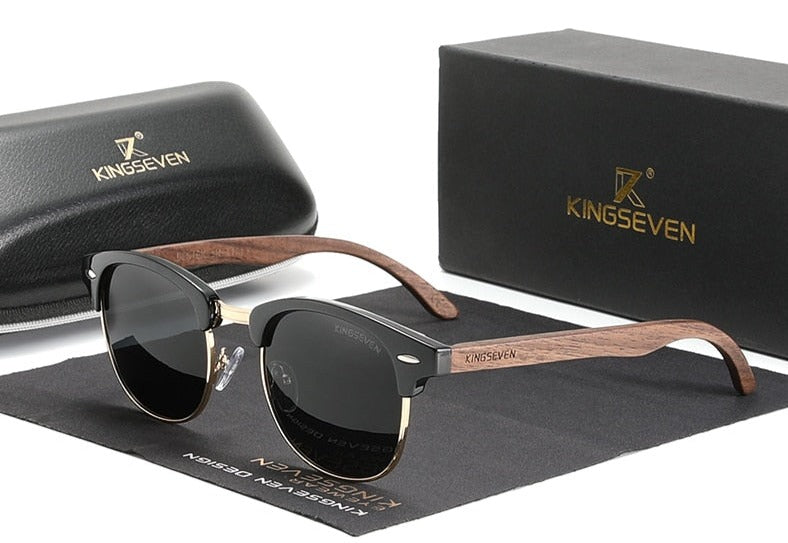Men's Semi Rimless Round 'Emporio' Wooden Sunglasses