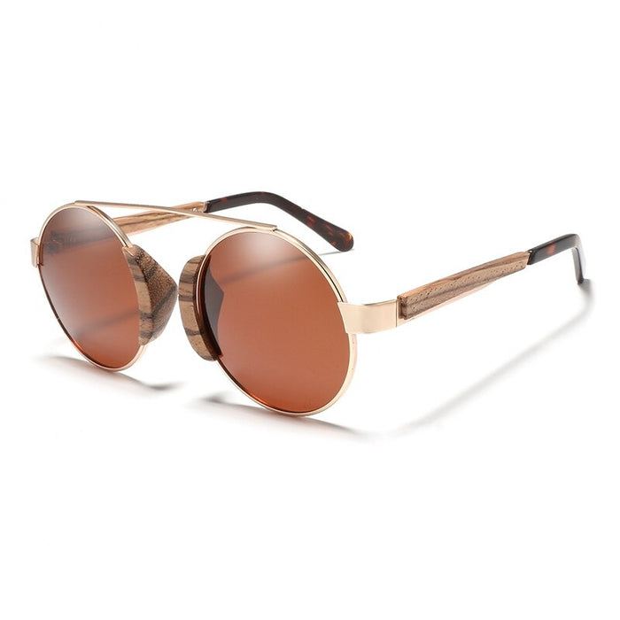 Men's Polarized Round 'Brown Shadow' Metal And Wooden Sunglasses
