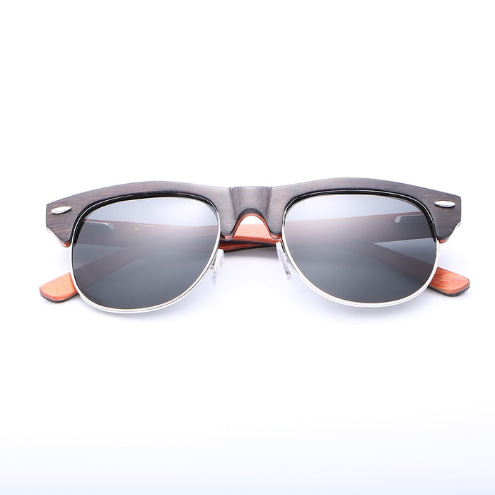 Men's Wooden Polarized 'World' Semi Rimless Round Sunglasses